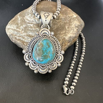Navajo Blue Kingman Turquoise Pendant Necklace | Sterling Silver | 20" | Authentic Native American Handmade | 16352
