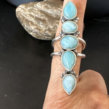 Navajo Blue Larimar Multi-Stone Ring | Authentic Native American Sterling Silver | Multi-Stone | Sz 8.5 | 15970