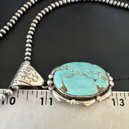 Navajo Blue Turquoise #8 Pendant | Sterling Silver Pearls Necklace | Authentic Native American Handmade | 17169