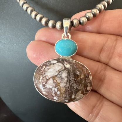 Navajo Wild Horse | Blue Kingman Turquoise Necklace | Sterling Silver | Authentic Native American Handmade | 17339
