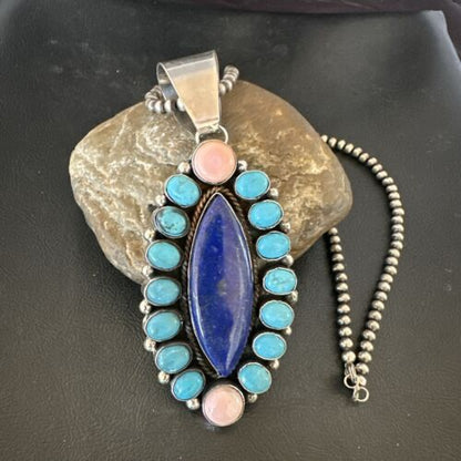 Navajo Multi-Stone Necklace | Lapis, Pink, Blue Turquoise | Sterling Silver | Authentic Native American Handmade | 17455
