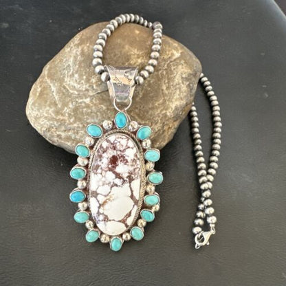 Navajo Wild Horse Turquoise Pendant | Sterling Silver | Native American Handmade | 17147