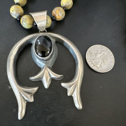 Men's Black Onyx Naja Pendant | Navajo Bumblebee Sterling Silver Necklace | Authentic Native American Handmade | 16092 - Masha USA