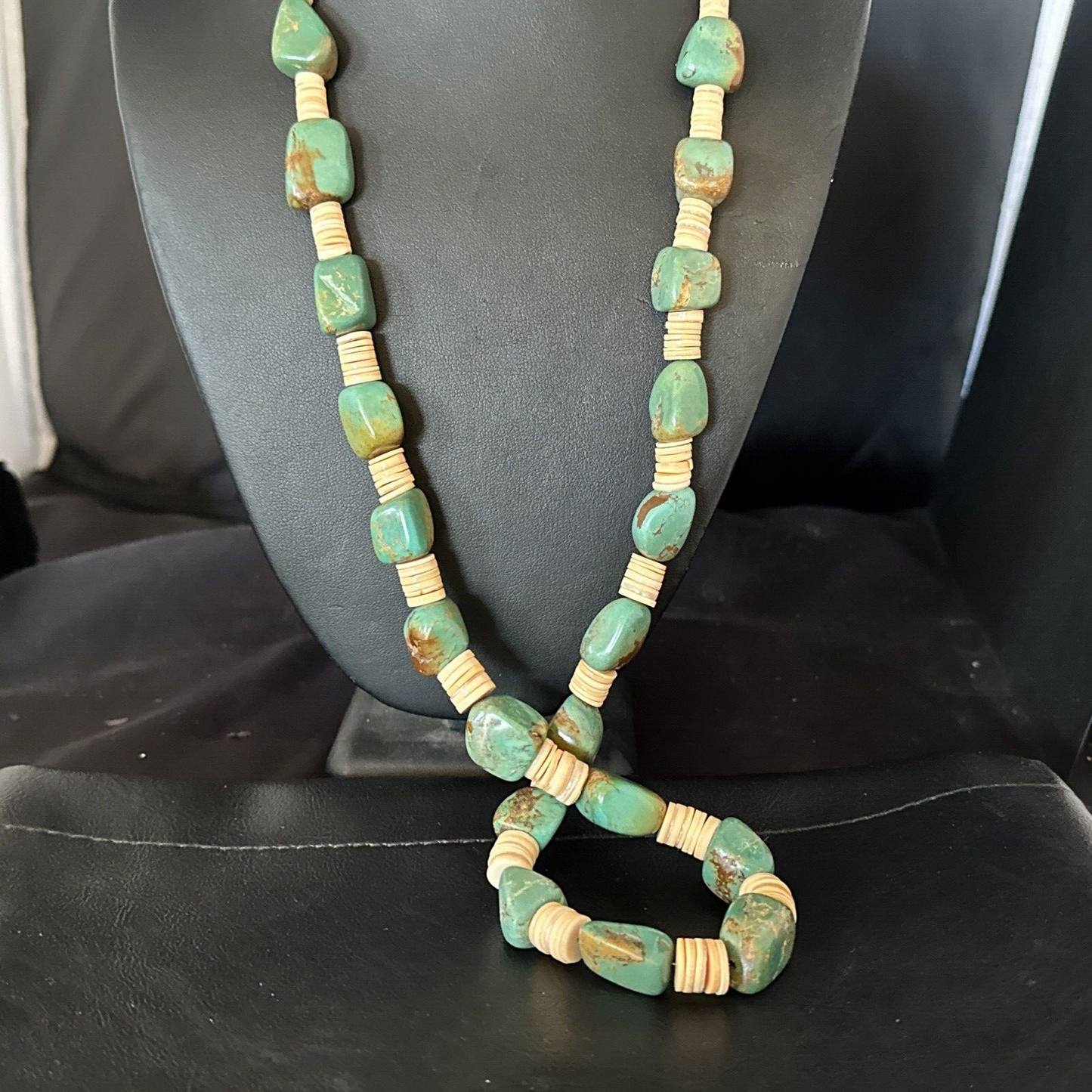 Santo Domingo Green Nugget Turquoise Necklace | Sterling Silver | 30" | Authentic Native American Handmade | 15291