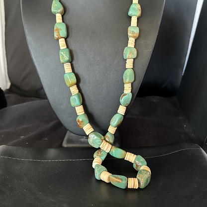 Santo Domingo Green Nugget Turquoise Necklace | Sterling Silver | 30" | Authentic Native American Handmade | 15291 - Masha USA