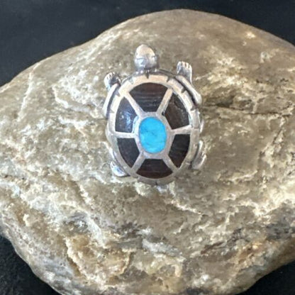Navajo Blue Turquoise Onyx Turtle Ring | Sterling Silver | Sz 7 | Authentic Native American Handmade | 16980