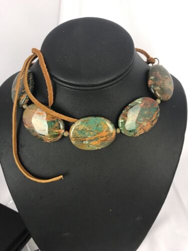 Navajo Green Turquoise Necklace | Sterling Silver | Leather Cords | Authentic Native American Handmade | 17550
