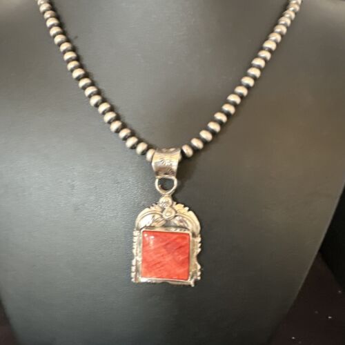Navajo Red Spiny Oyster Pendant Necklace | Sterling Silver | Authentic Native American Handmade | 16148