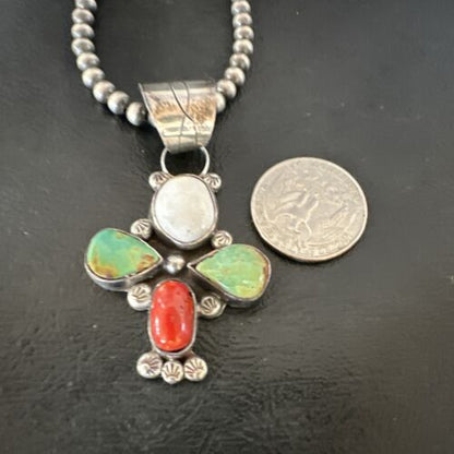 Navajo Green White Turquoise | Coral Pendant Necklace | Sterling Silver | Native American Handmade | 16831