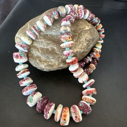 Navajo Blue Turquoise & Purple Spiny Oyster Bead Necklace | Sterling Silver | 21" | Authentic Native American | 17505