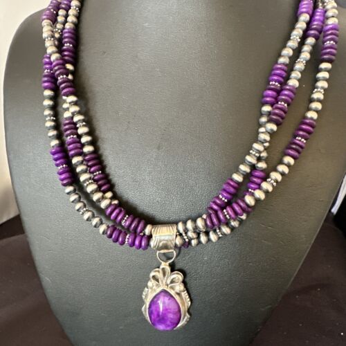 Navajo Sugilite 3-Strand Bead Necklace Set | Sterling Silver | 21" | Authentic Native American Handmade | 02927
