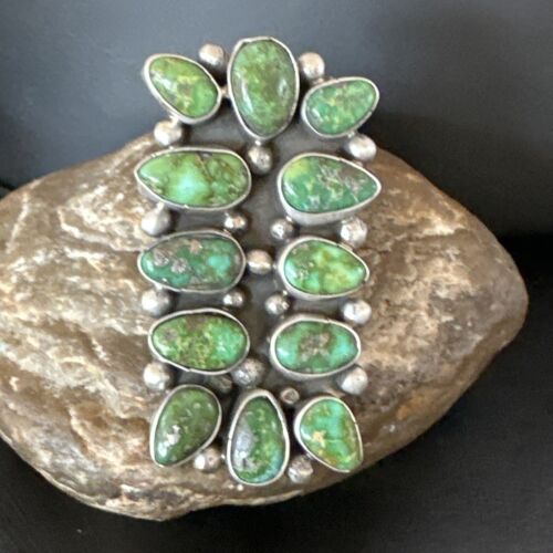 Navajo Green Sonoran Gold Turquoise Cluster Ring |Authentic Native American Sterling Silver | Multi-Stone | Sz 9 | 16028