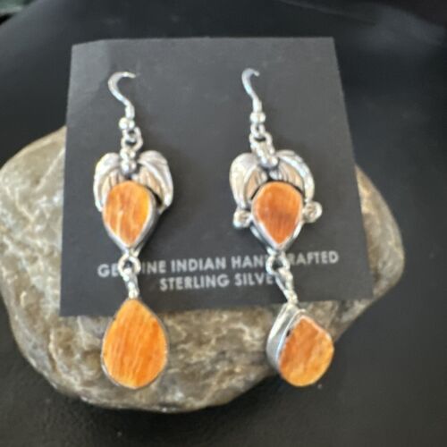 Navajo Orange Spiny Oyster Dangle Earrings | Sterling Silver | 1.5" | Authentic Native American Handmade | 16571