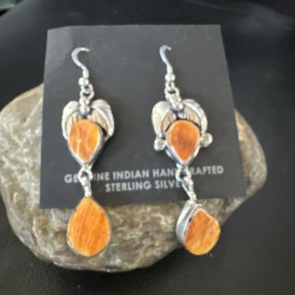 Navajo Orange Spiny Oyster Dangle Earrings | Sterling Silver | 1.5" | Authentic Native American Handmade | 16571