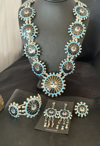 Zuni Ultra Rare Sunface Onyx Turquoise Inlay Squash Blossom Necklace Bracelet | Sterling Silver | 16679
