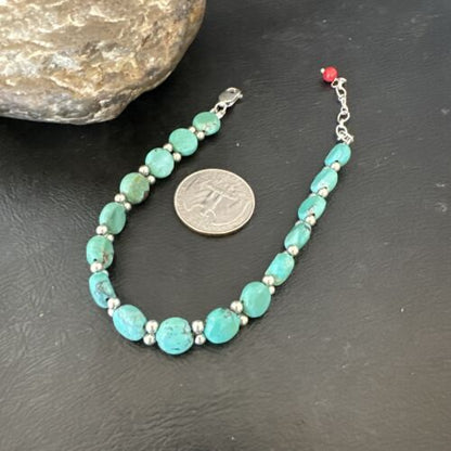 Navajo Blue Turquoise Bead Bracelet | Sterling Silver Link | 8" | Authentic Native American Jewelry | 17235