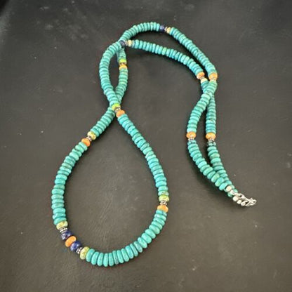 Navajo Blue Turquoise Spiny Oyster Necklace | Sterling Silver | 31" | Authentic Native American Handmade | 17487