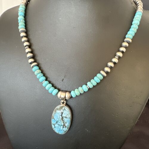 Navajo Men's Blue Spiderweb Turquoise Pendant Necklace | Sterling Silver | Authentic Native American Handmade | 17115 - Masha USA