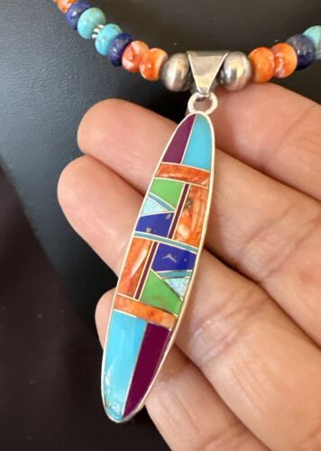 Navajo Spiny Oyster Turquoise Inlay Pendant Necklace | Sterling Silver | 21" | Authentic Native American Handmade | 16925