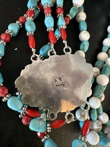 Navajo Blue Turquoise 3-Strand Coral Pendant Necklace | Sterling Silver | Authentic Native American Handmade | 15516