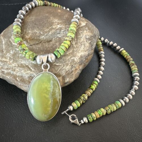 Navajo Green Turquoise Pendant Necklace | Sterling Silver | Authentic Native American Handmade | 16919