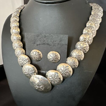 Navajo Pearls Sterling Silver Graduated Pillow Bead Necklace & Earrings Set | Authentic Native American Handmade | 17472