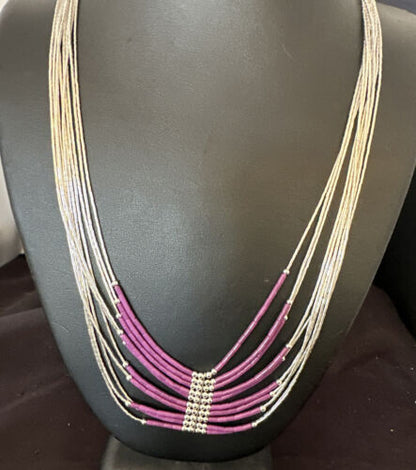 Navajo Sugilite 10-Strand Sterling Liquid Silver Tube Heishi Necklace 22" | Handmade | 16318