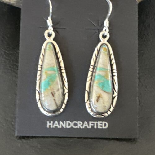 Navajo Blue Boulder Turquoise Dangle Earrings | Sterling Silver | Authentic Native American Handmade | 16504