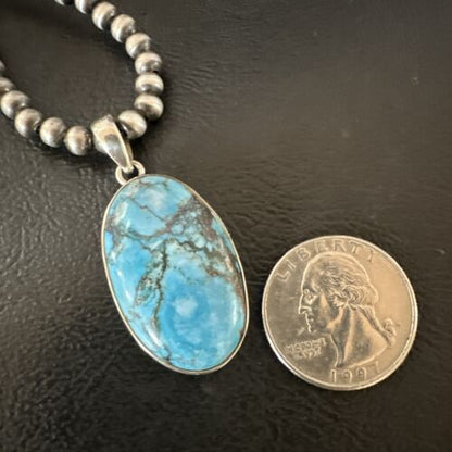 Navajo Blue Spiderweb Turquoise Pendant Necklace | Sterling Silver | Authentic Native American Handmade | 17024