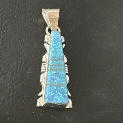 Navajo Blue Opal Inlay Pendant Necklace | Sterling Silver | Authentic Native American Handmade | 15671