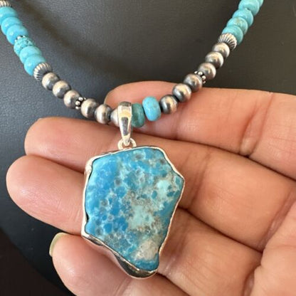 Men's Kingman Turquoise Pendant | Navajo Pearls Sterling Silver Necklace | Authentic Native American Handmade | 17212