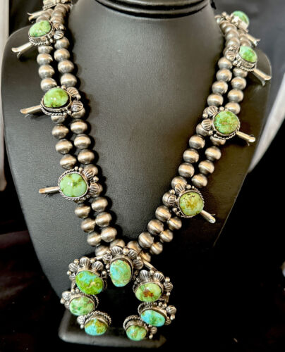 Navajo Green Sonoran Gold Turquoise Squash Blossom Necklace Pendant | Sterling Silver | Native American Handmade | 16546