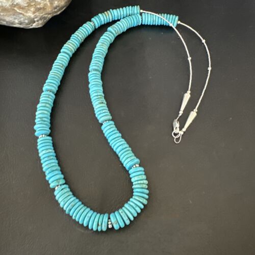 Men's Navajo Blue Turquoise Heishi Necklace | Sterling Silver | 24" | Authentic Native American Handmade | 16340 - Masha USA