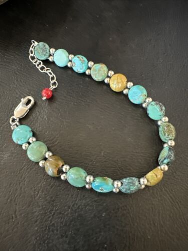Women's Blue Turquoise Bead Bracelet | Southwestern Sterling Silver Link | 8" | 17570