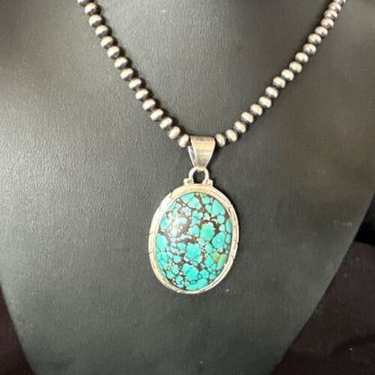 Men's Navajo Blue Spiderweb Turquoise Pendant Necklace | Sterling Silver | Authentic Native American Handmade | 16213
