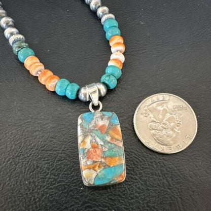 Navajo Spiny Turquoise Pendant Necklace | Sterling Silver | 22" | Authentic Native American Handmade | 17432