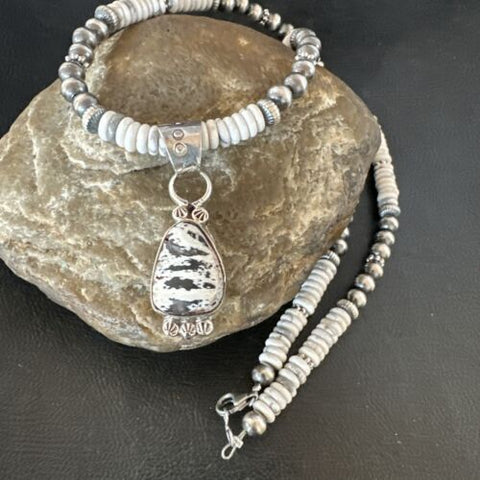Men Women White Buffalo Turquoise Pendant Navajo Sterling Silver Necklace 17349