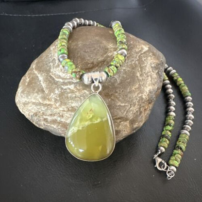 Navajo Green Turquoise Pendant Necklace | Sterling Silver | Authentic Native American Handmade | 16916