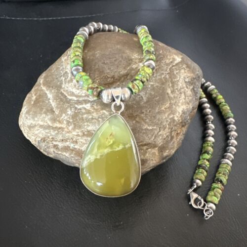 Navajo Green Turquoise Pendant Necklace | Sterling Silver | Authentic Native American Handmade | 16916