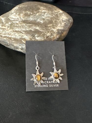 Navajo Coffee Tiger's Eye Dangle Earrings | Sterling Silver | Authentic Native American Handmade | 14919