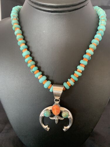 Navajo Pearls Necklace with Blue Turquoise & Spiny Oyster Naja Pendant | Sterling Silver | 10261