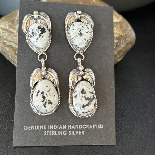 Navajo White Buffalo Turquoise Dangle Earrings | Sterling Silver | 2.5" | Authentic Native American Handmade | 14741