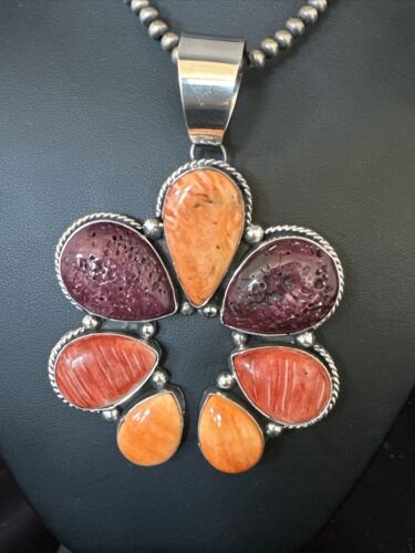Navajo Purple Red Spiny Oyster Necklace with Naja Pendant | Sterling Silver | Native American Handmade | 14845