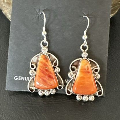Navajo Orange Spiny Oyster Dangle Earrings | Sterling Silver | Authentic Native American Handmade | 17269