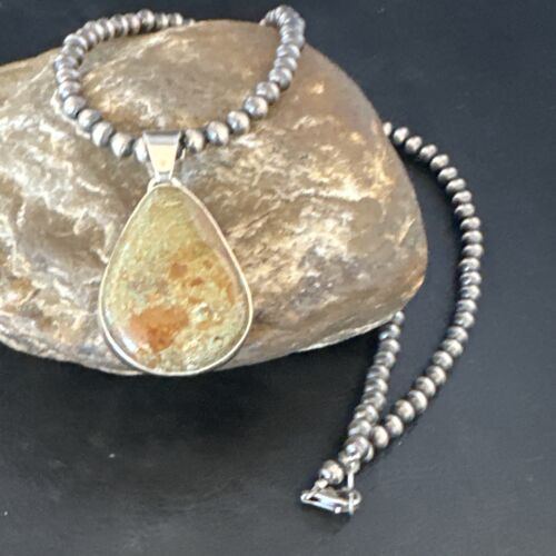 Navajo Green Turquoise Pendant Necklace | Sterling Silver | Authentic Native American Handmade | 15021