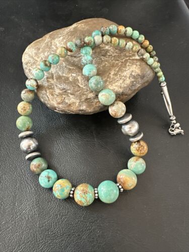 Navajo Green Turquoise Bead Necklace | Sterling Silver | Graduated | 20" | Authentic Native American | 17433