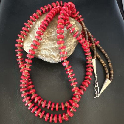 Navajo Red Coral Shell Bead Necklace | Sterling Silver | 30" | Authentic Native American Handmade | 15283