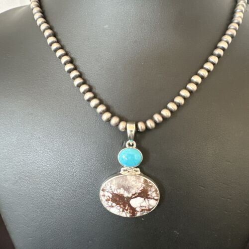 Navajo Wild Horse | Blue Kingman Turquoise Necklace | Sterling Silver | Authentic Native American Handmade | 17338