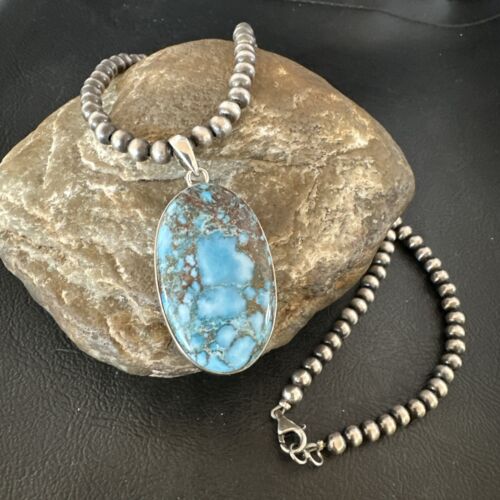 Navajo Blue Spiderweb Turquoise Pendant Necklace | Sterling Silver | Authentic Native American Handmade | 17016