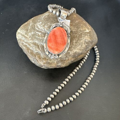 Navajo Orange Spiny Oyster Pendant Necklace | Sterling Silver | Authentic Native American Handmade | 15631